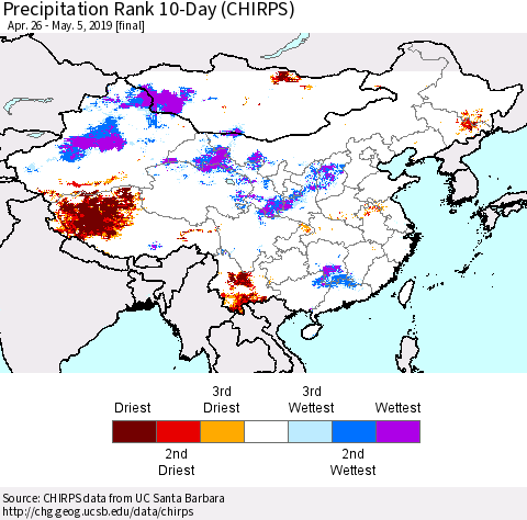 China, Mongolia and Taiwan Precipitation Rank since 1981, 10-Day (CHIRPS) Thematic Map For 4/26/2019 - 5/5/2019