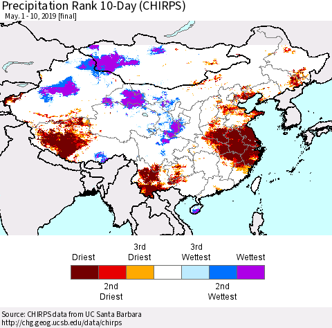 China and Taiwan Precipitation Rank 10-Day (CHIRPS) Thematic Map For 5/1/2019 - 5/10/2019