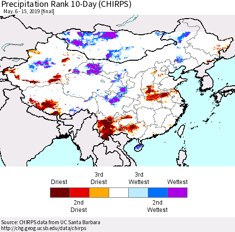 China and Taiwan Precipitation Rank 10-Day (CHIRPS) Thematic Map For 5/6/2019 - 5/15/2019