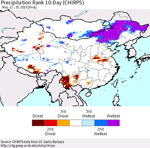 China, Mongolia and Taiwan Precipitation Rank since 1981, 10-Day (CHIRPS) Thematic Map For 5/11/2019 - 5/20/2019