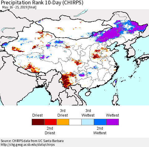 China and Taiwan Precipitation Rank 10-Day (CHIRPS) Thematic Map For 5/16/2019 - 5/25/2019