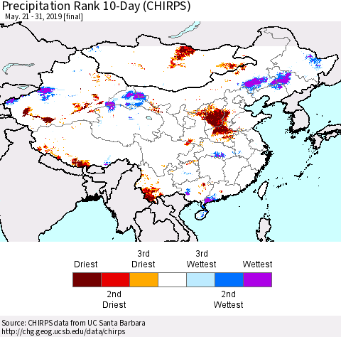 China and Taiwan Precipitation Rank 10-Day (CHIRPS) Thematic Map For 5/21/2019 - 5/31/2019