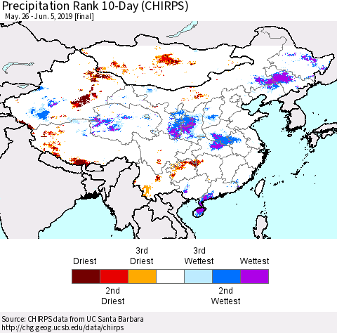 China and Taiwan Precipitation Rank 10-Day (CHIRPS) Thematic Map For 5/26/2019 - 6/5/2019