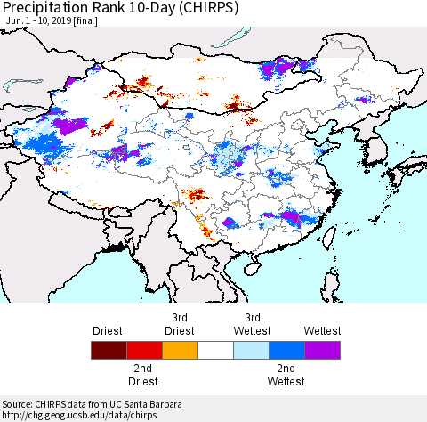China, Mongolia and Taiwan Precipitation Rank since 1981, 10-Day (CHIRPS) Thematic Map For 6/1/2019 - 6/10/2019