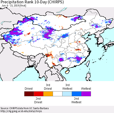 China, Mongolia and Taiwan Precipitation Rank since 1981, 10-Day (CHIRPS) Thematic Map For 6/6/2019 - 6/15/2019