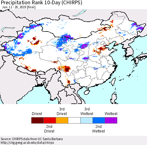 China and Taiwan Precipitation Rank 10-Day (CHIRPS) Thematic Map For 6/11/2019 - 6/20/2019