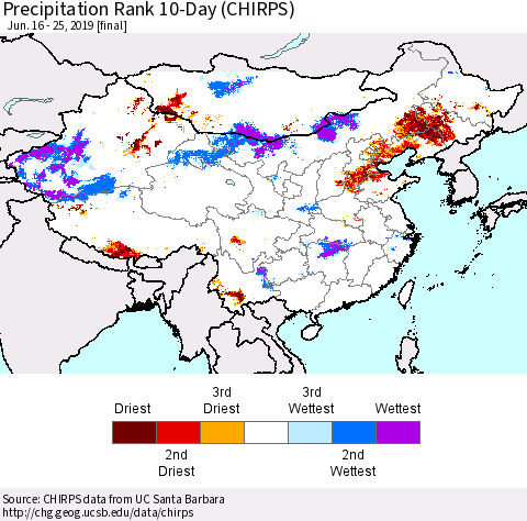 China, Mongolia and Taiwan Precipitation Rank since 1981, 10-Day (CHIRPS) Thematic Map For 6/16/2019 - 6/25/2019