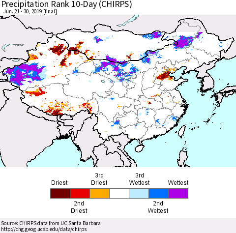 China and Taiwan Precipitation Rank 10-Day (CHIRPS) Thematic Map For 6/21/2019 - 6/30/2019