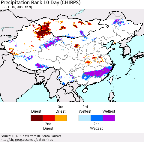 China, Mongolia and Taiwan Precipitation Rank since 1981, 10-Day (CHIRPS) Thematic Map For 7/1/2019 - 7/10/2019