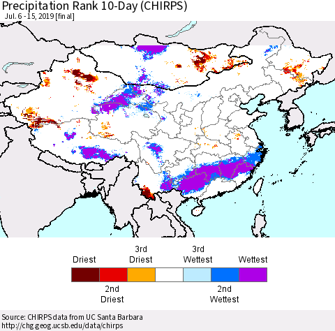 China and Taiwan Precipitation Rank 10-Day (CHIRPS) Thematic Map For 7/6/2019 - 7/15/2019