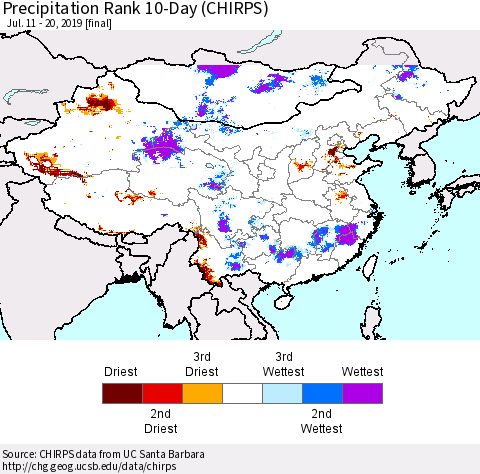 China and Taiwan Precipitation Rank 10-Day (CHIRPS) Thematic Map For 7/11/2019 - 7/20/2019