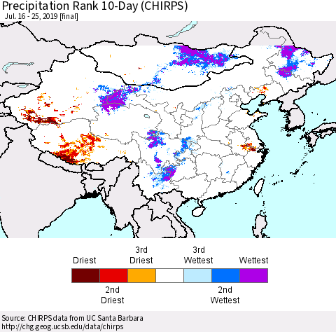China and Taiwan Precipitation Rank 10-Day (CHIRPS) Thematic Map For 7/16/2019 - 7/25/2019