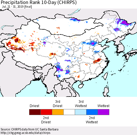 China and Taiwan Precipitation Rank 10-Day (CHIRPS) Thematic Map For 7/21/2019 - 7/31/2019