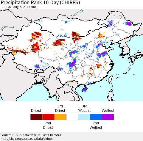 China and Taiwan Precipitation Rank 10-Day (CHIRPS) Thematic Map For 7/26/2019 - 8/5/2019