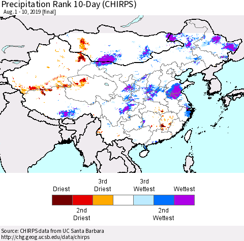 China, Mongolia and Taiwan Precipitation Rank since 1981, 10-Day (CHIRPS) Thematic Map For 8/1/2019 - 8/10/2019