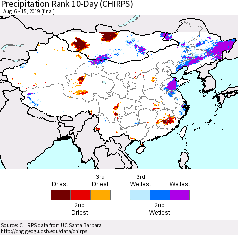 China and Taiwan Precipitation Rank 10-Day (CHIRPS) Thematic Map For 8/6/2019 - 8/15/2019