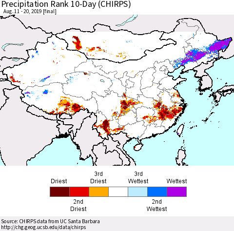 China and Taiwan Precipitation Rank 10-Day (CHIRPS) Thematic Map For 8/11/2019 - 8/20/2019