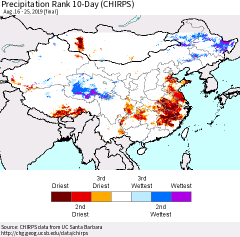China and Taiwan Precipitation Rank 10-Day (CHIRPS) Thematic Map For 8/16/2019 - 8/25/2019