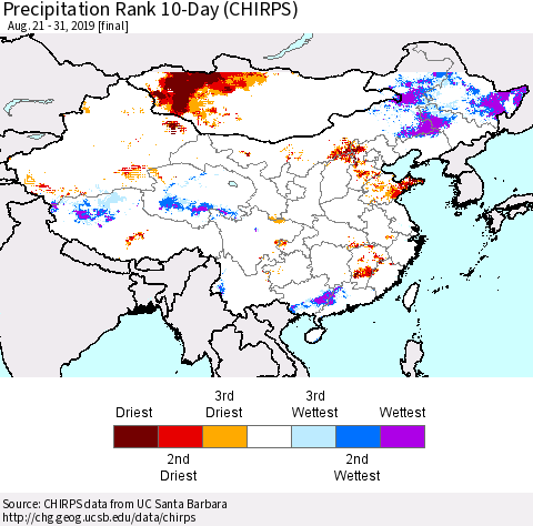 China and Taiwan Precipitation Rank 10-Day (CHIRPS) Thematic Map For 8/21/2019 - 8/31/2019
