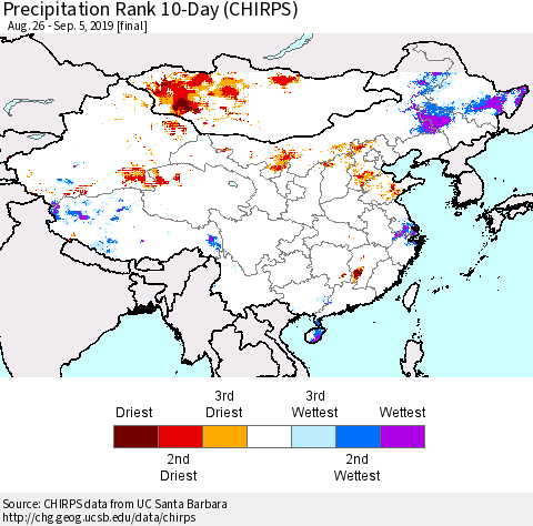 China and Taiwan Precipitation Rank 10-Day (CHIRPS) Thematic Map For 8/26/2019 - 9/5/2019