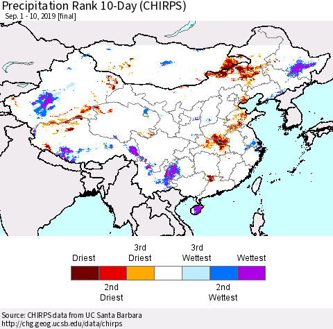 China, Mongolia and Taiwan Precipitation Rank since 1981, 10-Day (CHIRPS) Thematic Map For 9/1/2019 - 9/10/2019
