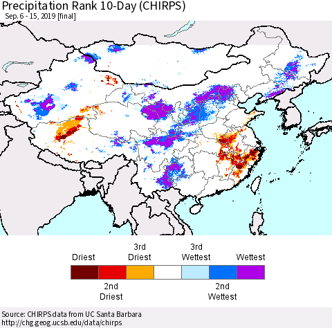 China, Mongolia and Taiwan Precipitation Rank since 1981, 10-Day (CHIRPS) Thematic Map For 9/6/2019 - 9/15/2019