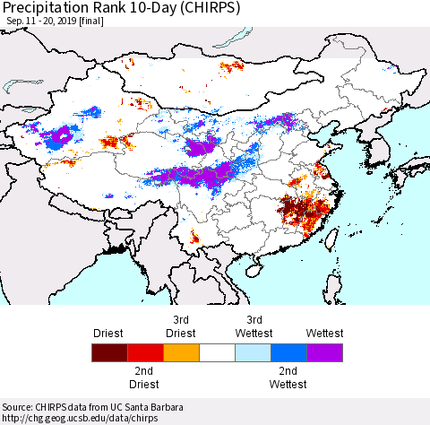 China and Taiwan Precipitation Rank 10-Day (CHIRPS) Thematic Map For 9/11/2019 - 9/20/2019