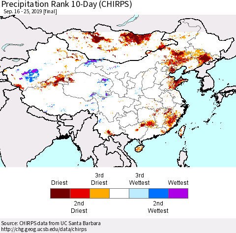 China, Mongolia and Taiwan Precipitation Rank since 1981, 10-Day (CHIRPS) Thematic Map For 9/16/2019 - 9/25/2019