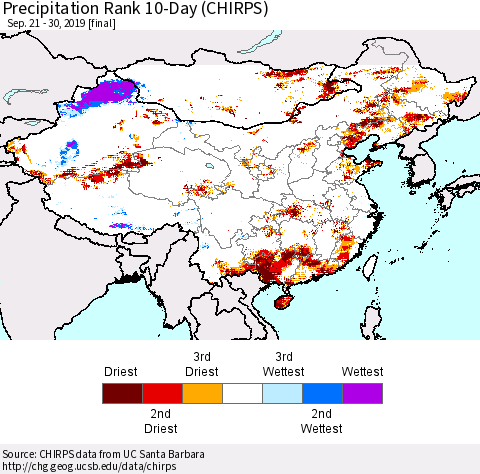 China and Taiwan Precipitation Rank 10-Day (CHIRPS) Thematic Map For 9/21/2019 - 9/30/2019