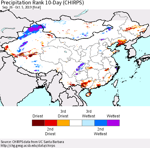 China, Mongolia and Taiwan Precipitation Rank since 1981, 10-Day (CHIRPS) Thematic Map For 9/26/2019 - 10/5/2019