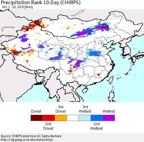 China and Taiwan Precipitation Rank 10-Day (CHIRPS) Thematic Map For 10/1/2019 - 10/10/2019