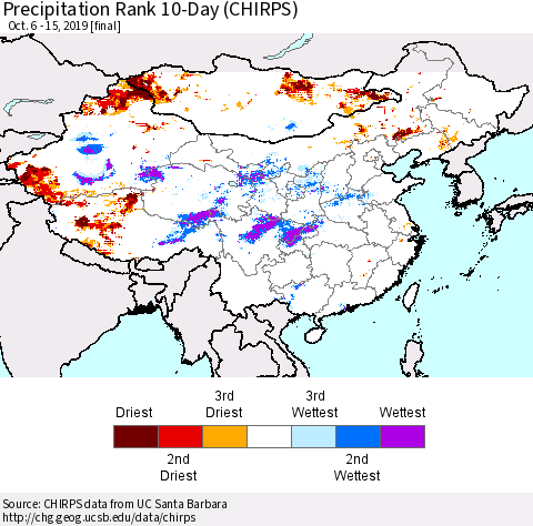 China, Mongolia and Taiwan Precipitation Rank since 1981, 10-Day (CHIRPS) Thematic Map For 10/6/2019 - 10/15/2019