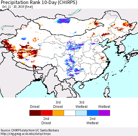 China, Mongolia and Taiwan Precipitation Rank since 1981, 10-Day (CHIRPS) Thematic Map For 10/11/2019 - 10/20/2019