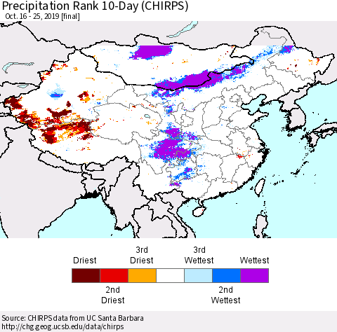 China, Mongolia and Taiwan Precipitation Rank since 1981, 10-Day (CHIRPS) Thematic Map For 10/16/2019 - 10/25/2019