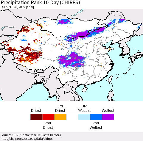China and Taiwan Precipitation Rank 10-Day (CHIRPS) Thematic Map For 10/21/2019 - 10/31/2019