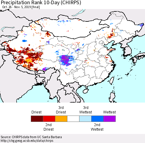 China and Taiwan Precipitation Rank 10-Day (CHIRPS) Thematic Map For 10/26/2019 - 11/5/2019