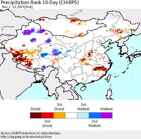 China and Taiwan Precipitation Rank 10-Day (CHIRPS) Thematic Map For 11/1/2019 - 11/10/2019