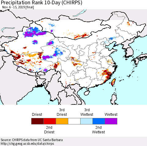 China, Mongolia and Taiwan Precipitation Rank since 1981, 10-Day (CHIRPS) Thematic Map For 11/6/2019 - 11/15/2019
