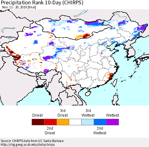 China, Mongolia and Taiwan Precipitation Rank since 1981, 10-Day (CHIRPS) Thematic Map For 11/11/2019 - 11/20/2019