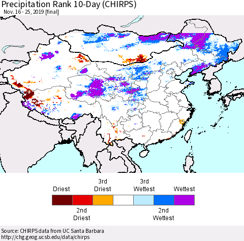 China and Taiwan Precipitation Rank 10-Day (CHIRPS) Thematic Map For 11/16/2019 - 11/25/2019