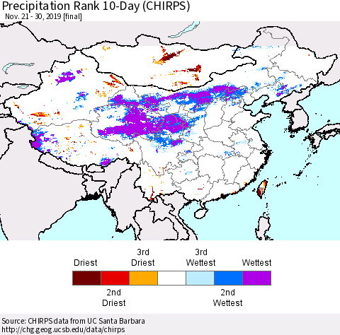 China and Taiwan Precipitation Rank 10-Day (CHIRPS) Thematic Map For 11/21/2019 - 11/30/2019