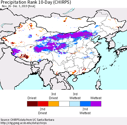 China and Taiwan Precipitation Rank 10-Day (CHIRPS) Thematic Map For 11/26/2019 - 12/5/2019
