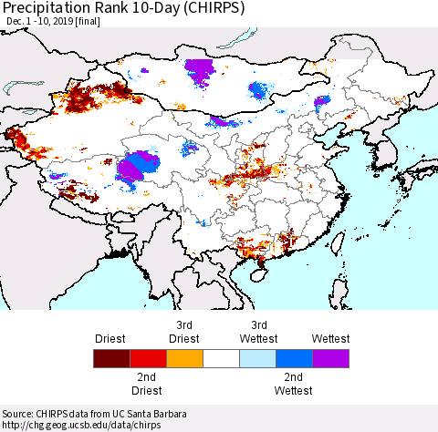 China and Taiwan Precipitation Rank 10-Day (CHIRPS) Thematic Map For 12/1/2019 - 12/10/2019