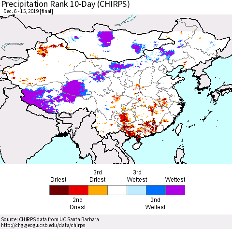 China and Taiwan Precipitation Rank 10-Day (CHIRPS) Thematic Map For 12/6/2019 - 12/15/2019