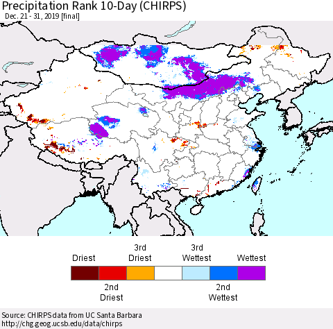 China and Taiwan Precipitation Rank 10-Day (CHIRPS) Thematic Map For 12/21/2019 - 12/31/2019