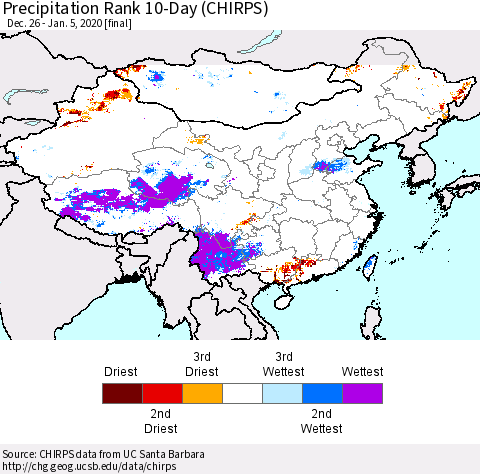 China and Taiwan Precipitation Rank 10-Day (CHIRPS) Thematic Map For 12/26/2019 - 1/5/2020