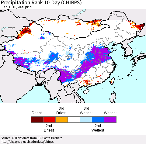 China and Taiwan Precipitation Rank 10-Day (CHIRPS) Thematic Map For 1/1/2020 - 1/10/2020