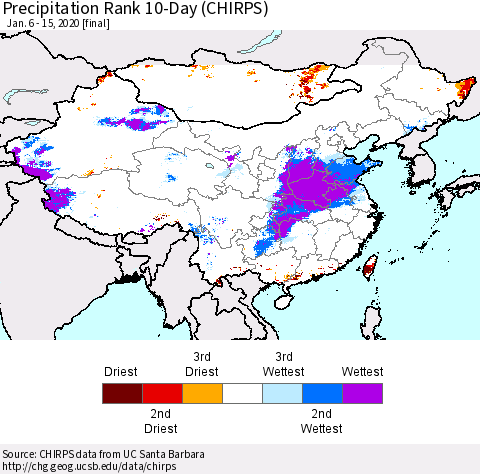 China and Taiwan Precipitation Rank 10-Day (CHIRPS) Thematic Map For 1/6/2020 - 1/15/2020