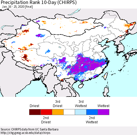 China and Taiwan Precipitation Rank 10-Day (CHIRPS) Thematic Map For 1/16/2020 - 1/25/2020