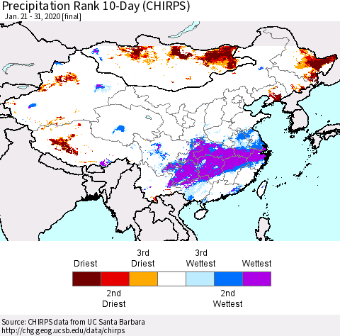 China and Taiwan Precipitation Rank 10-Day (CHIRPS) Thematic Map For 1/21/2020 - 1/31/2020